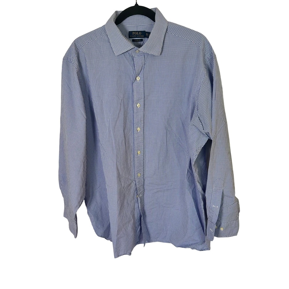 Polo Ralph Lauren Shirt Men 17.5 Blue Gingham Classic Fit Long Sleeve ButtonDown